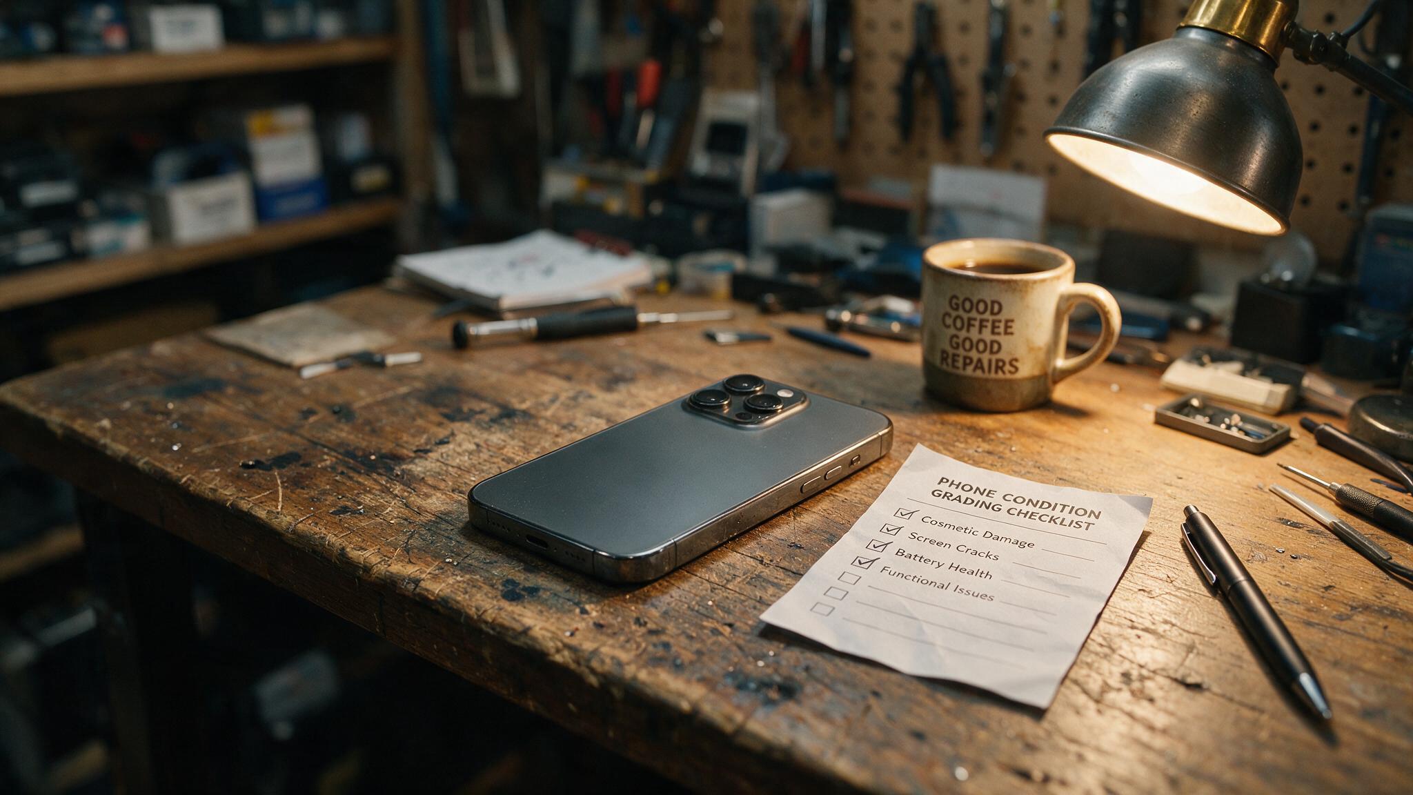 A smartphone being inspected on a desk during a buyback condition check