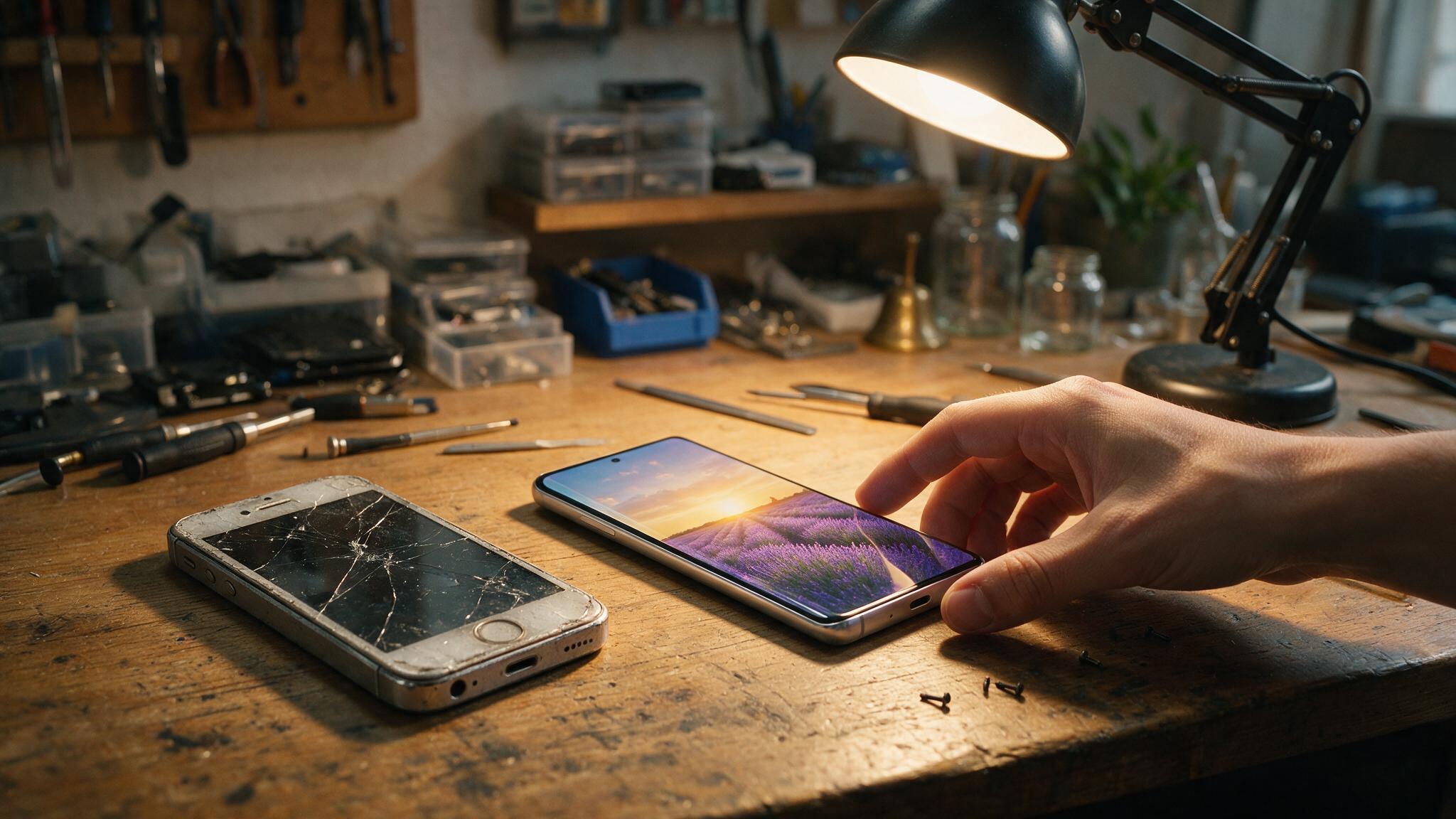 Two smartphones side by side on a counter, one being handed over as a trade-in