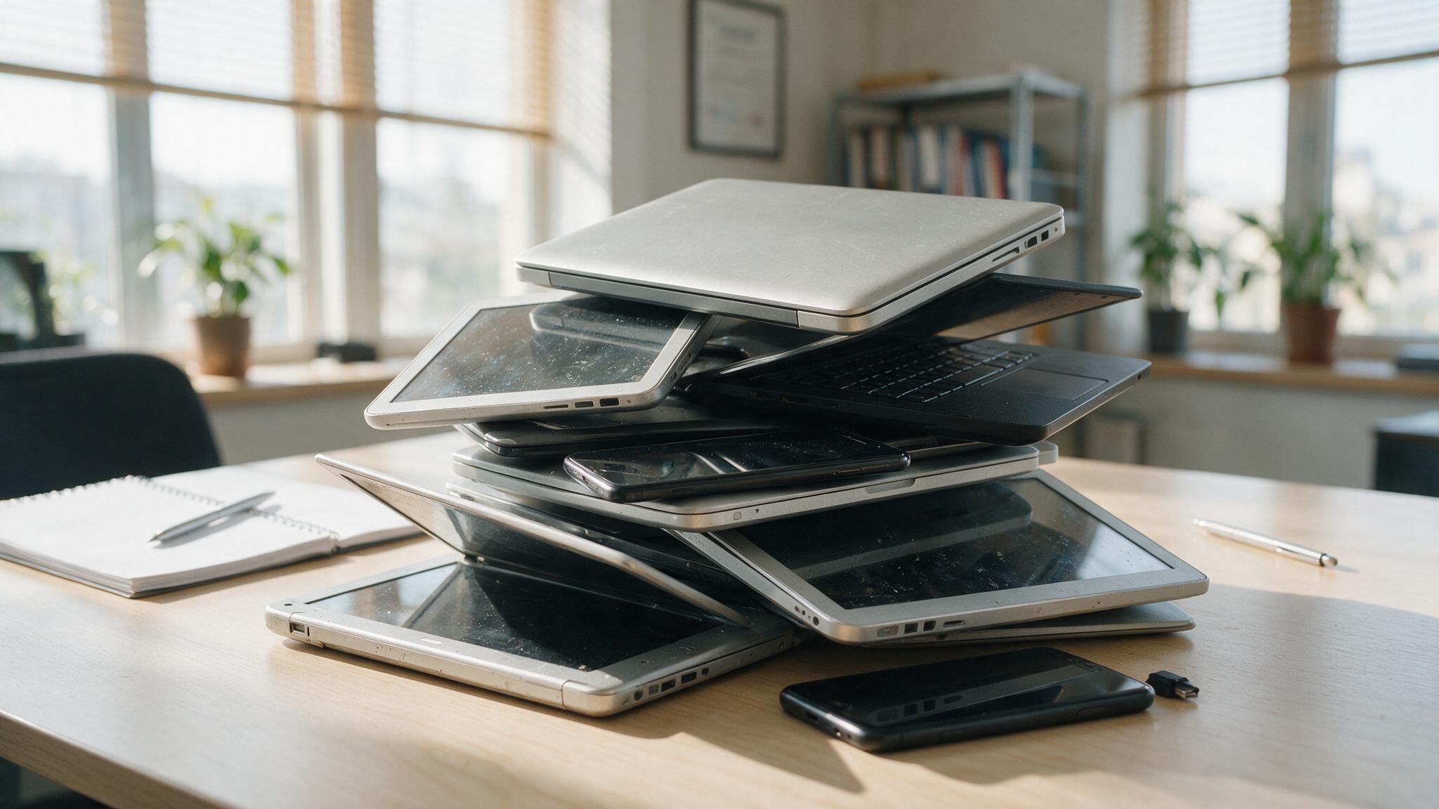 Stack of laptops and smartphones ready for corporate buyback