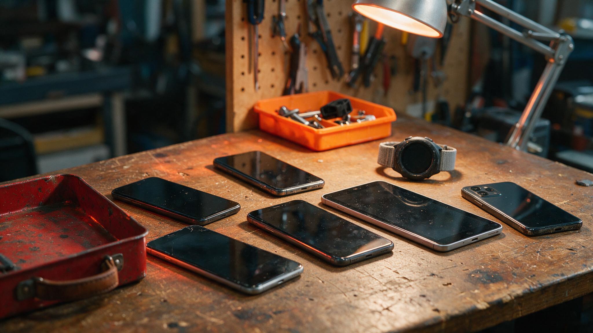 A technician inspecting a phone's screen and body during a buyback check