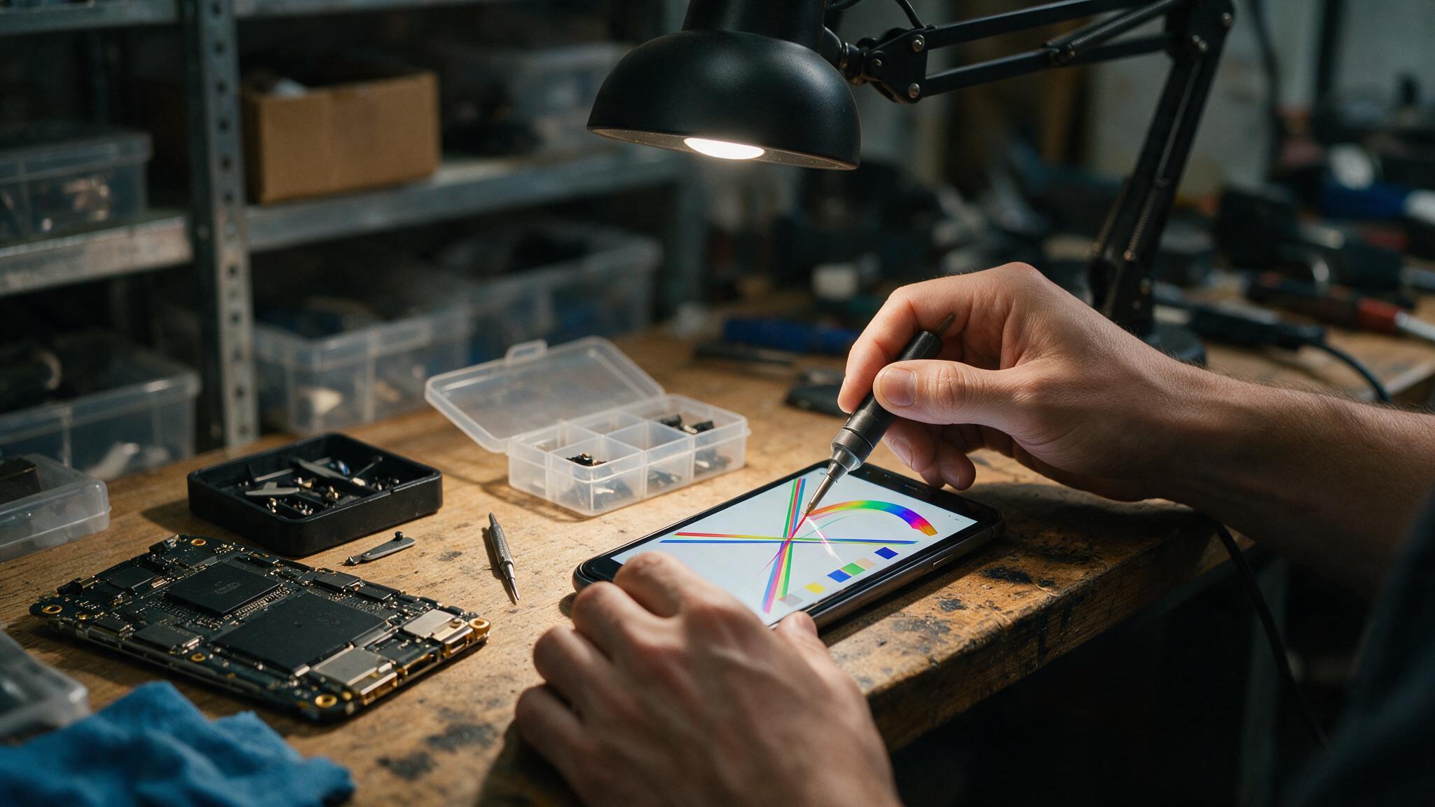 A technician inspecting a phone's screen and body during a buyback check