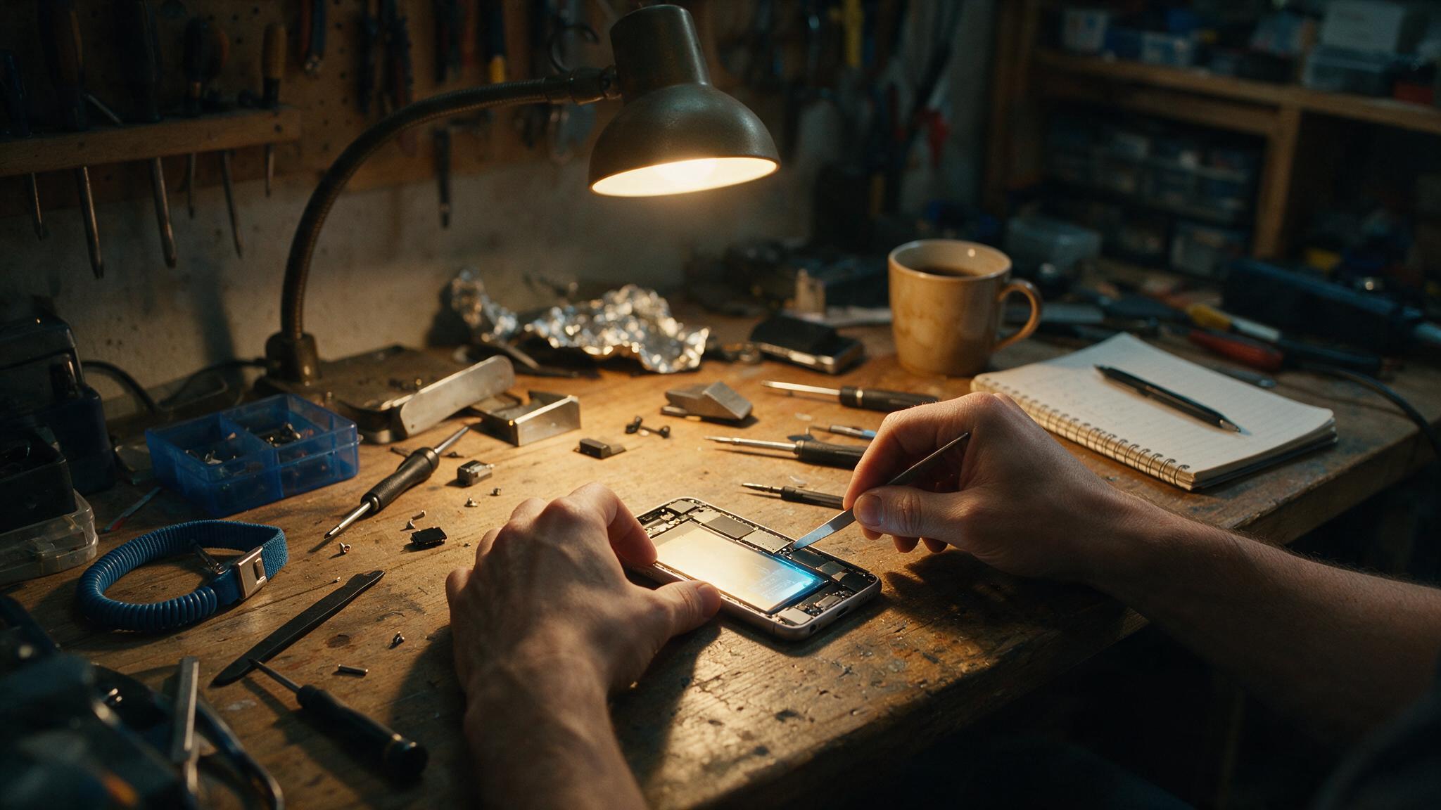 Technician repairing a smartphone with precision tools